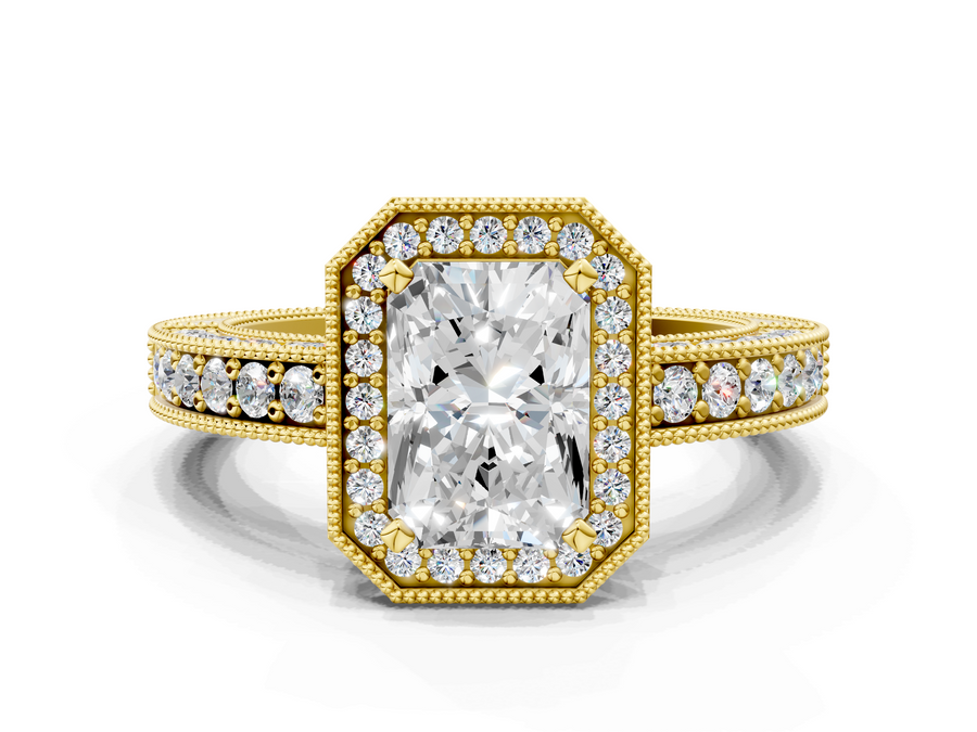 Yellow gold Radiant Cut Halo Diamond Pave Band Ring with Four-Prong Setting