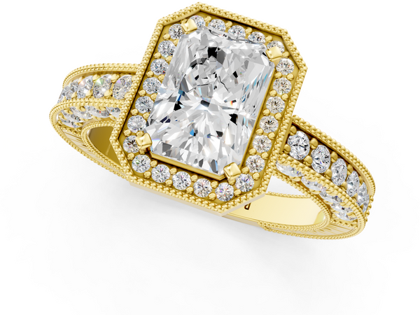 Yellow gold Radiant Cut Halo Diamond Pave Band Ring with Four-Prong Setting