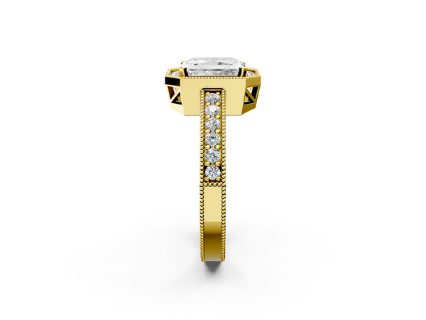 Yellow gold Radiant Cut Halo Diamond Pave Band Ring with Four-Prong Setting