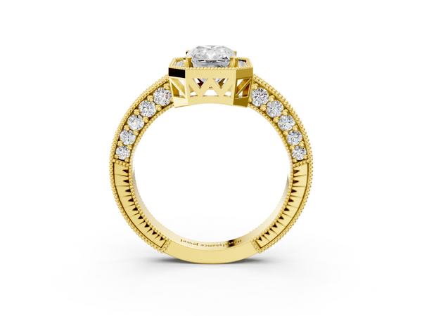 Yellow gold Radiant Cut Halo Diamond Pave Band Ring with Four-Prong Setting