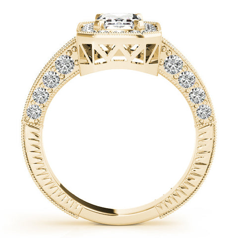 Yellow gold Radiant Cut Halo Diamond Pave Band Ring with Four-Prong Setting