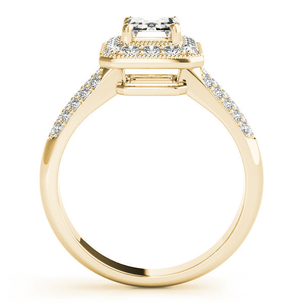 Yellow gold Radiant Cut Halo Diamond Pave Band with Four-Prong Setting