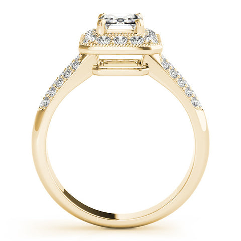 Yellow gold Radiant Cut Halo Diamond Pave Band with Four-Prong Setting