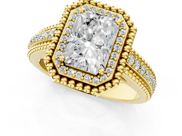 Yellow Gold Radiant Cut Beaded Halo Engagement Ring Setting with Pave