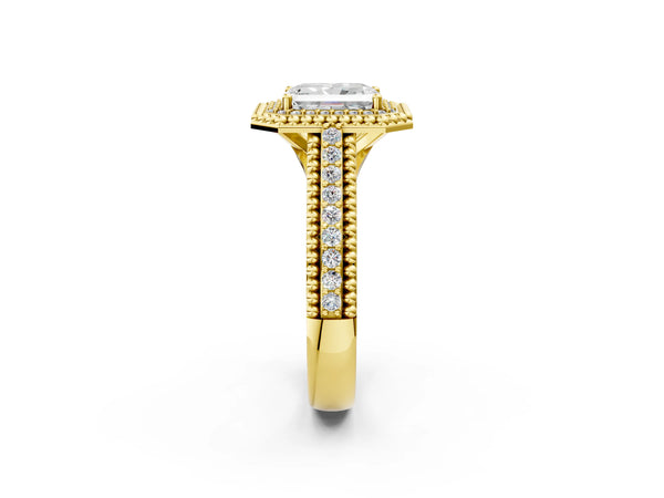 Yellow Gold Radiant Cut Beaded Halo Engagement Ring Setting with Pave