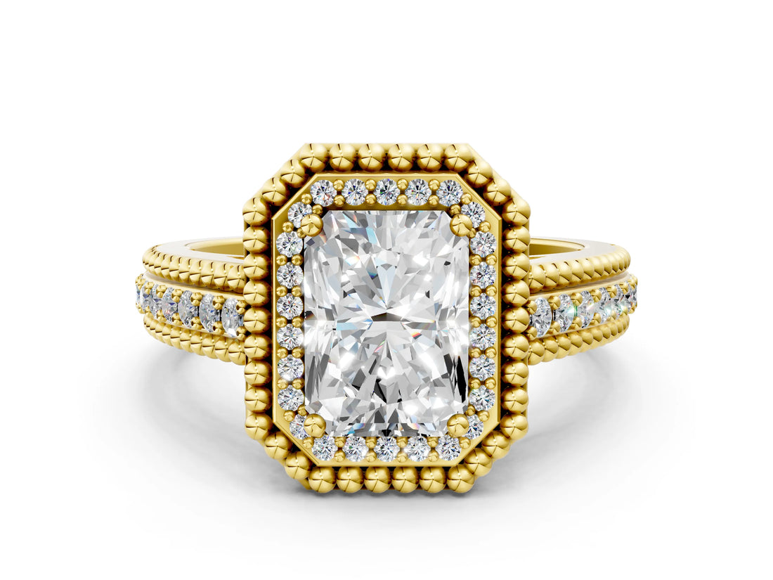 Yellow gold Radiant Cut Halo Diamond Ring with Beaded Split Shank and Four-Prong Setting_9