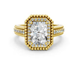 Yellow gold Radiant Cut Halo Diamond Ring with Beaded Split Shank and Four-Prong Setting_9