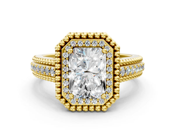Yellow Gold Radiant Cut Beaded Halo Engagement Ring Setting with Pave