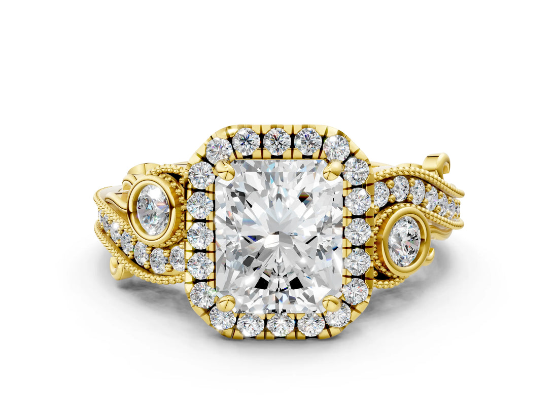 Yellow gold Radiant Cut Halo Diamond Ring with Milgrain and Bezel Accents on a Split Shank Band_15