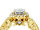 Yellow gold Radiant Cut Halo Diamond Ring with Milgrain and Bezel Accents on a Split Shank Band_19