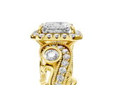 Yellow gold Radiant Cut Halo Diamond Ring with Milgrain and Bezel Accents on a Split Shank Band_20