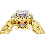Yellow gold Radiant Cut Halo Diamond Ring with Milgrain and Bezel Accents on a Split Shank Band_7