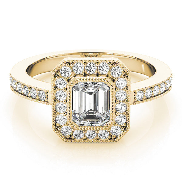 Yellow gold Radiant Cut Halo Diamond Ring with Pavé Band and Milgrain Prong Setting 2