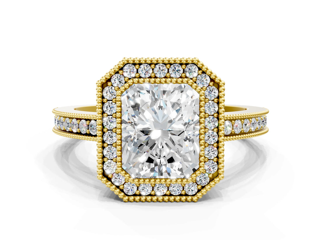 Yellow gold Radiant Cut Halo Diamond Ring with Pavé Band and Milgrain Prong Setting_49