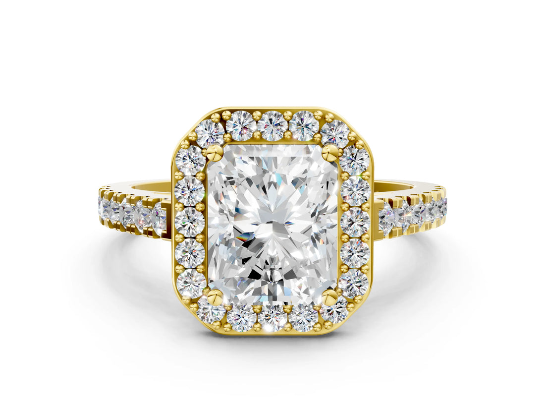 Yellow gold Radiant Cut Halo Diamond Ring with Pavé Band and Three-Prong Setting_12