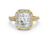 Yellow gold Radiant Cut Halo Diamond Ring with Pavé Band and Three-Prong Setting_12