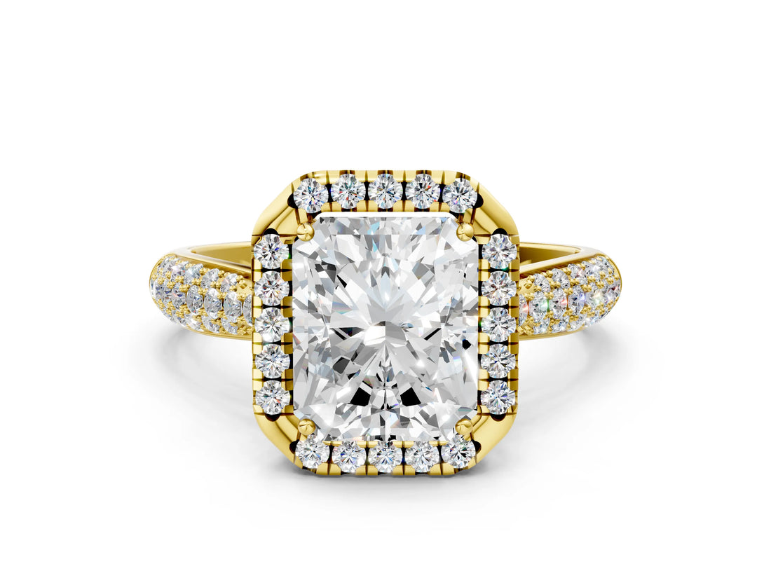 Yellow gold Radiant Cut Halo Diamond Ring with Pavé Band_22