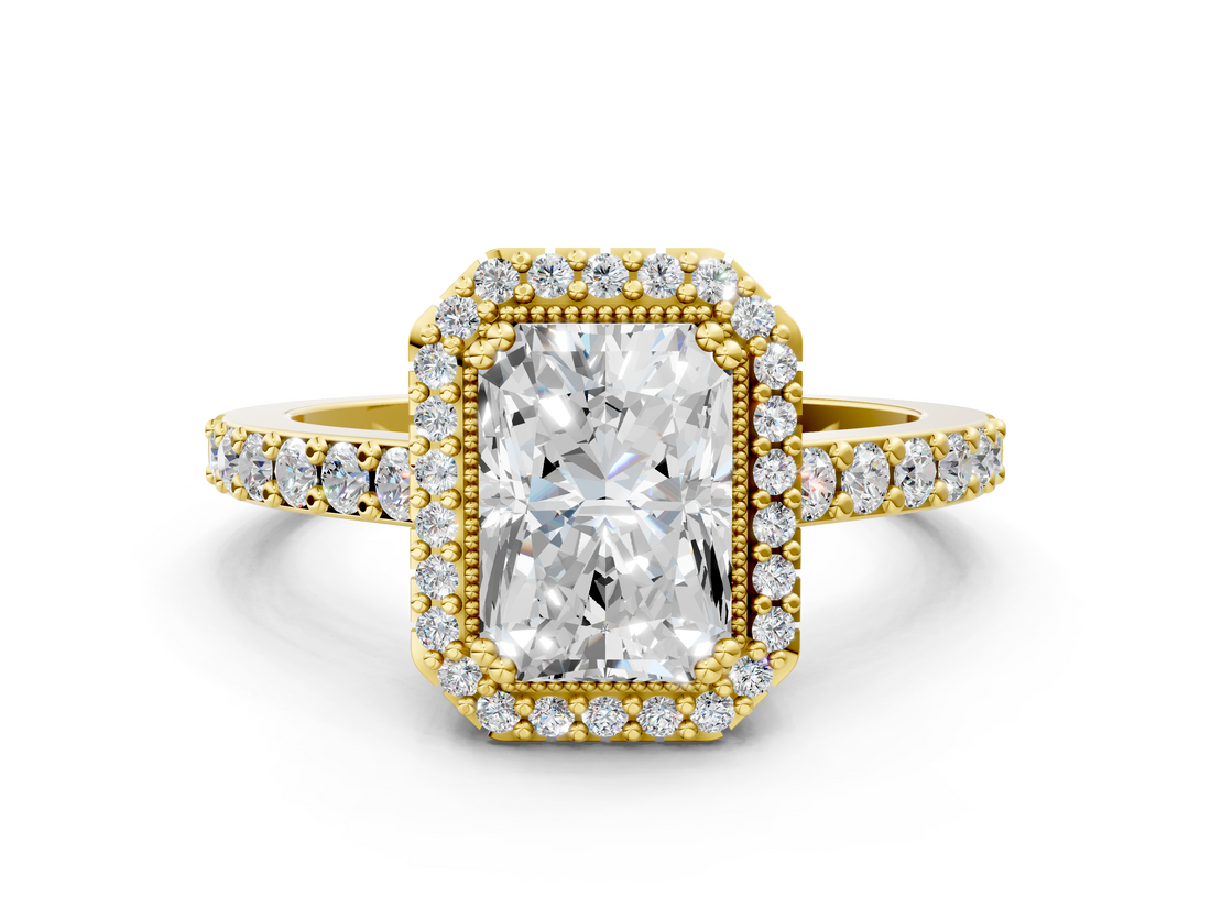 Yellow gold Radiant Cut Halo Diamond Ring with Pave Band and Four-Prong Setting_20
