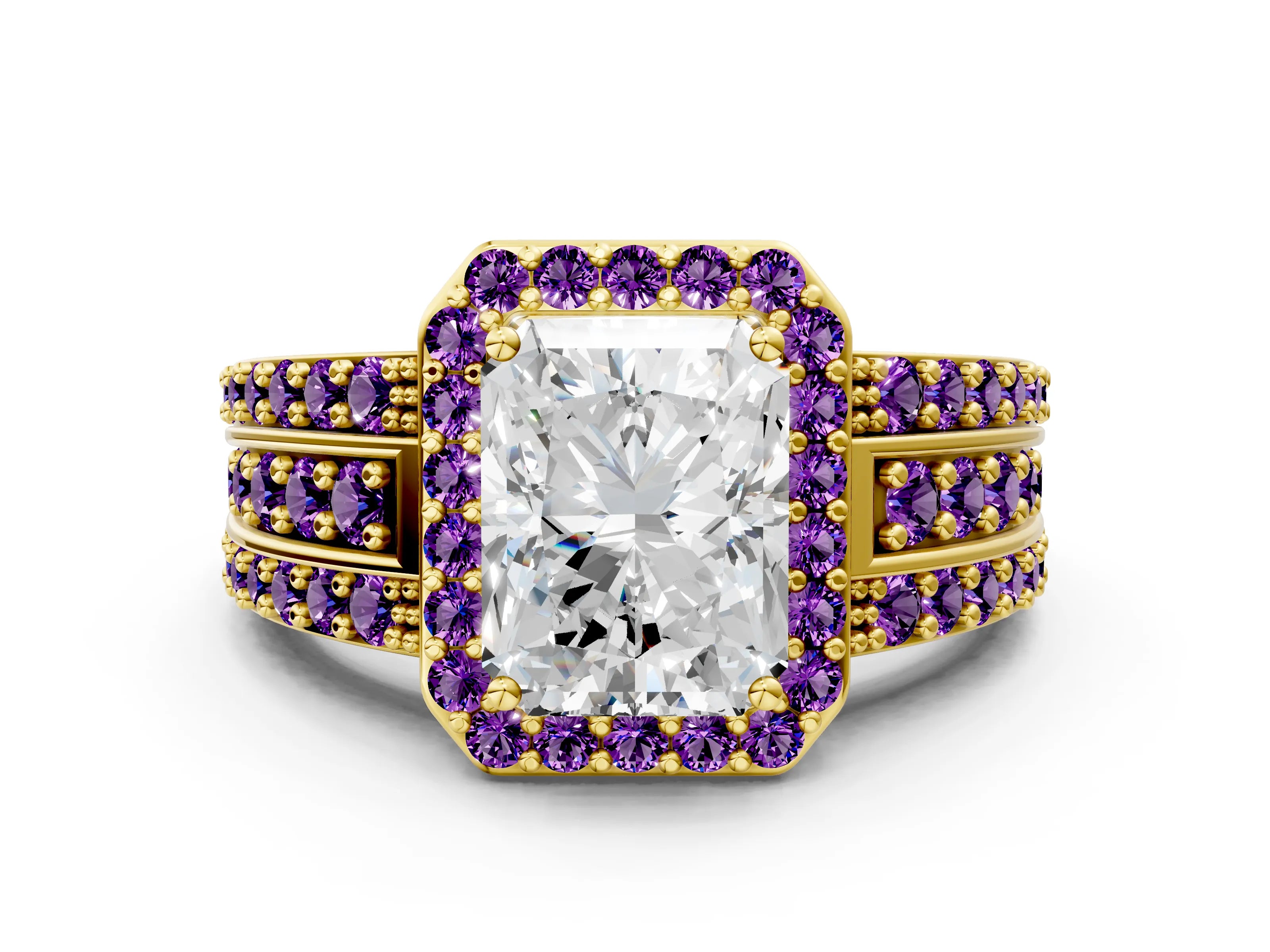Yellow gold Radiant Cut Halo Diamond Ring with Round with Amethyst side stone Split Shank and Prong Setting