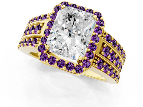 Yellow gold Radiant Cut Halo Diamond Ring with Round with Amethyst side stone Split Shank and Prong Setting_1