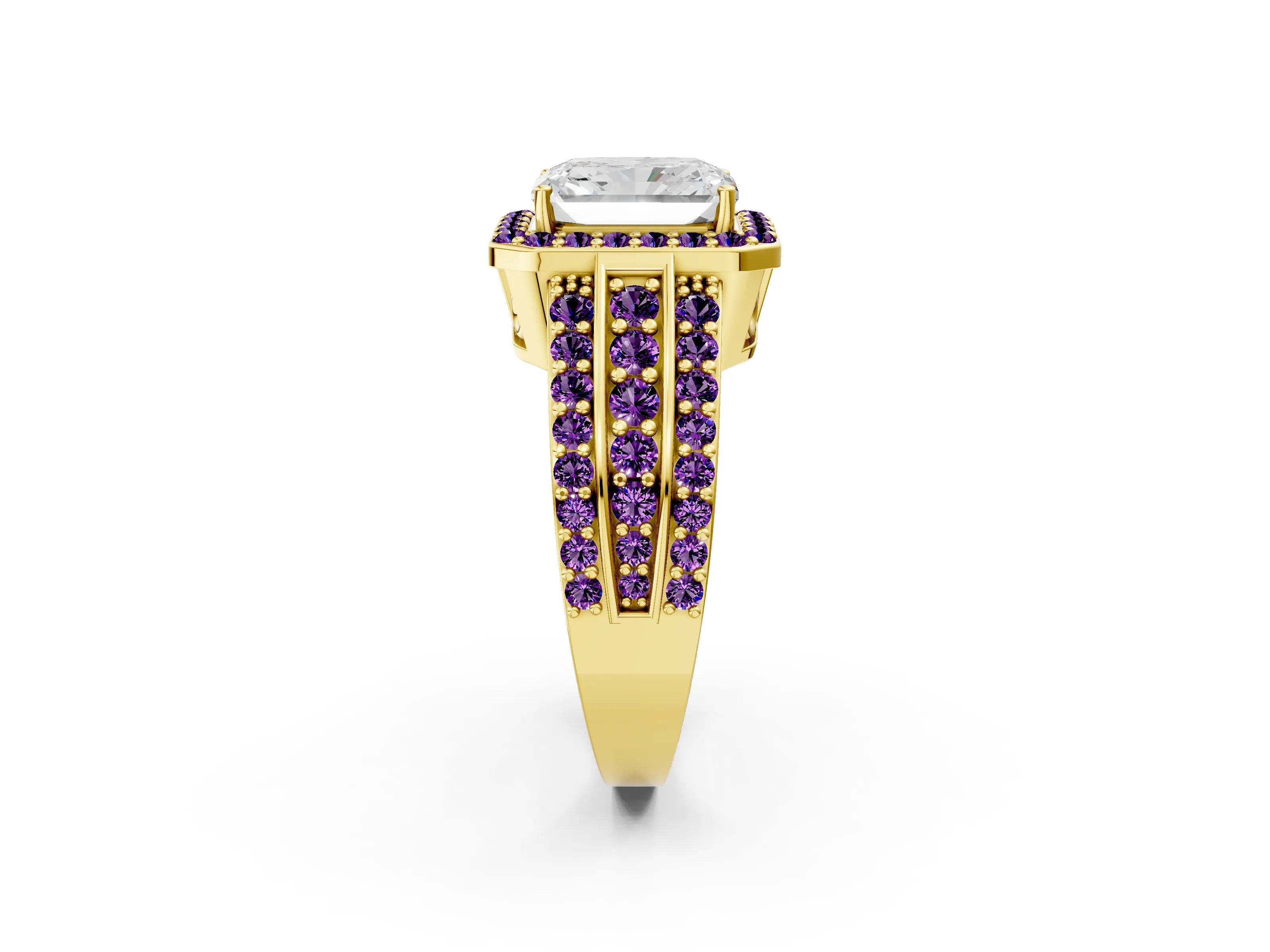 Yellow gold Radiant Cut Halo Diamond Ring with Round with Amethyst side stone Split Shank and Prong Setting_2