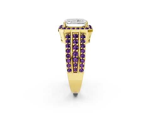 Yellow gold Radiant Cut Halo Diamond Ring with Round with Amethyst side stone Split Shank and Prong Setting_2