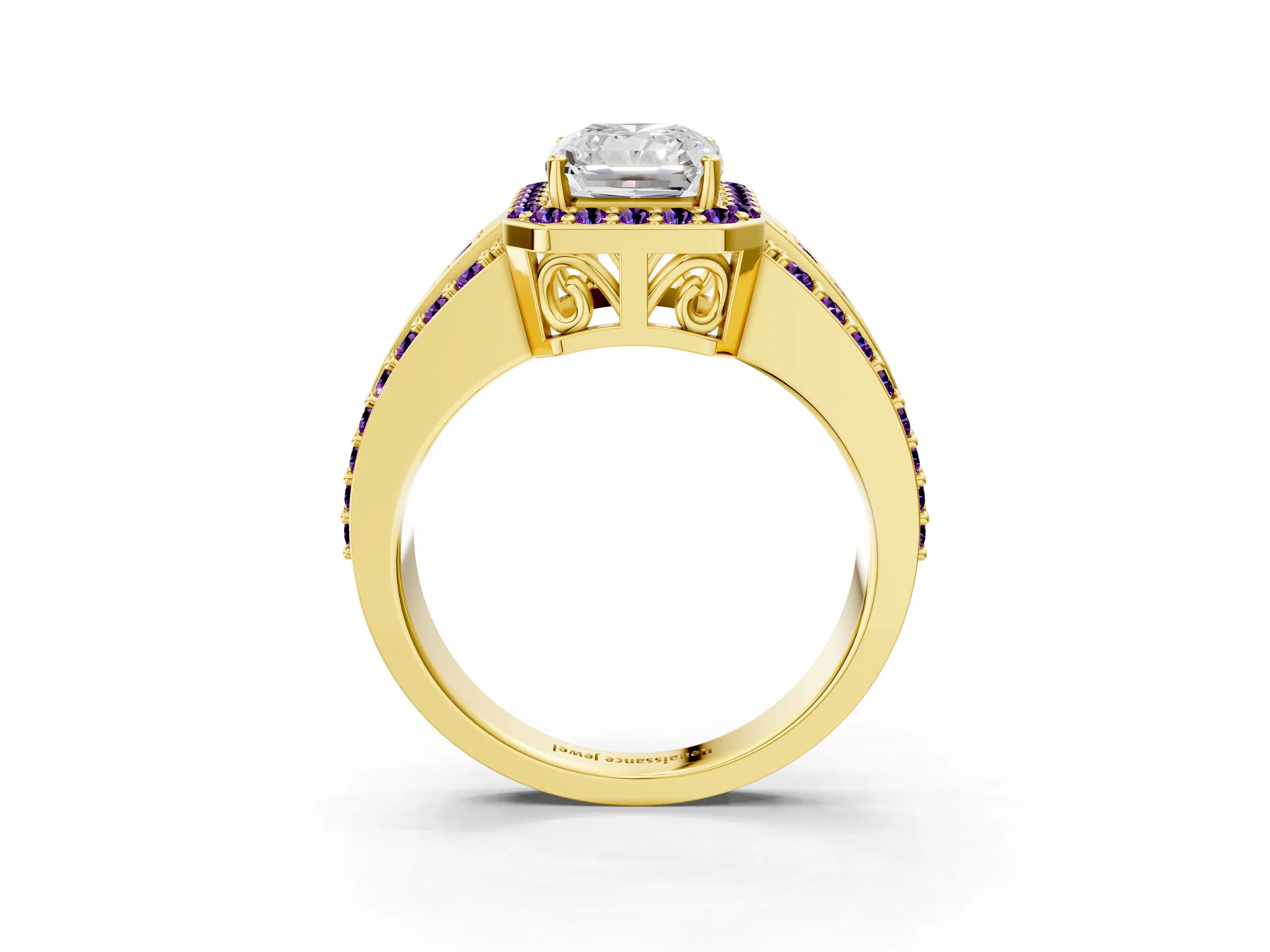 Yellow gold Radiant Cut Halo Diamond Ring with Round with Amethyst side stone Split Shank and Prong Setting_3
