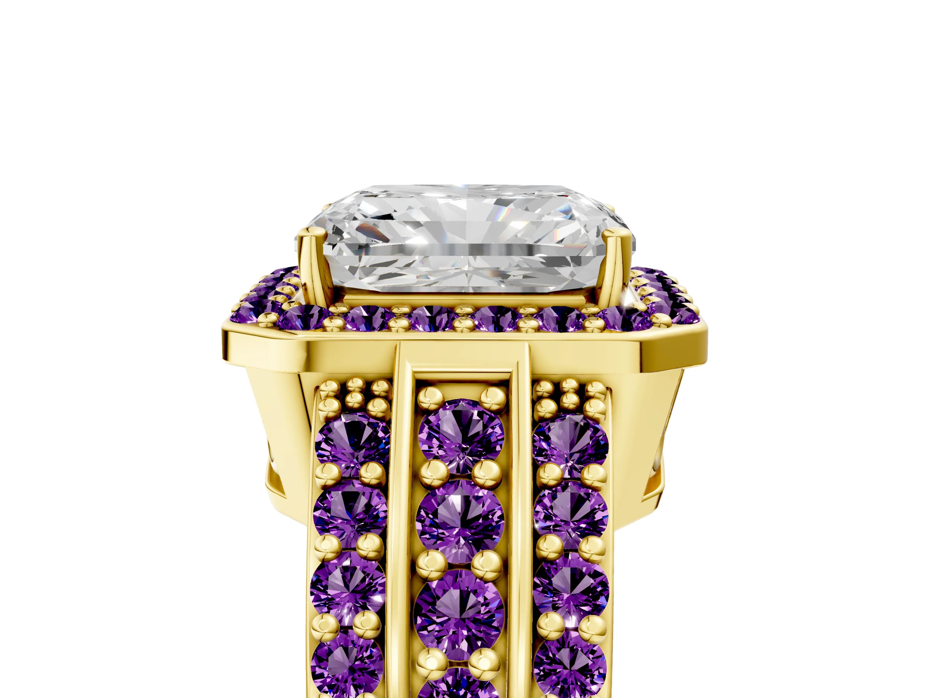 Yellow gold Radiant Cut Halo Diamond Ring with Round with Amethyst side stone Split Shank and Prong Setting_5