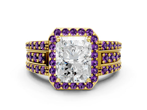 Yellow gold Radiant Cut Halo Diamond Ring with Round with Amethyst side stone Split Shank and Prong Setting