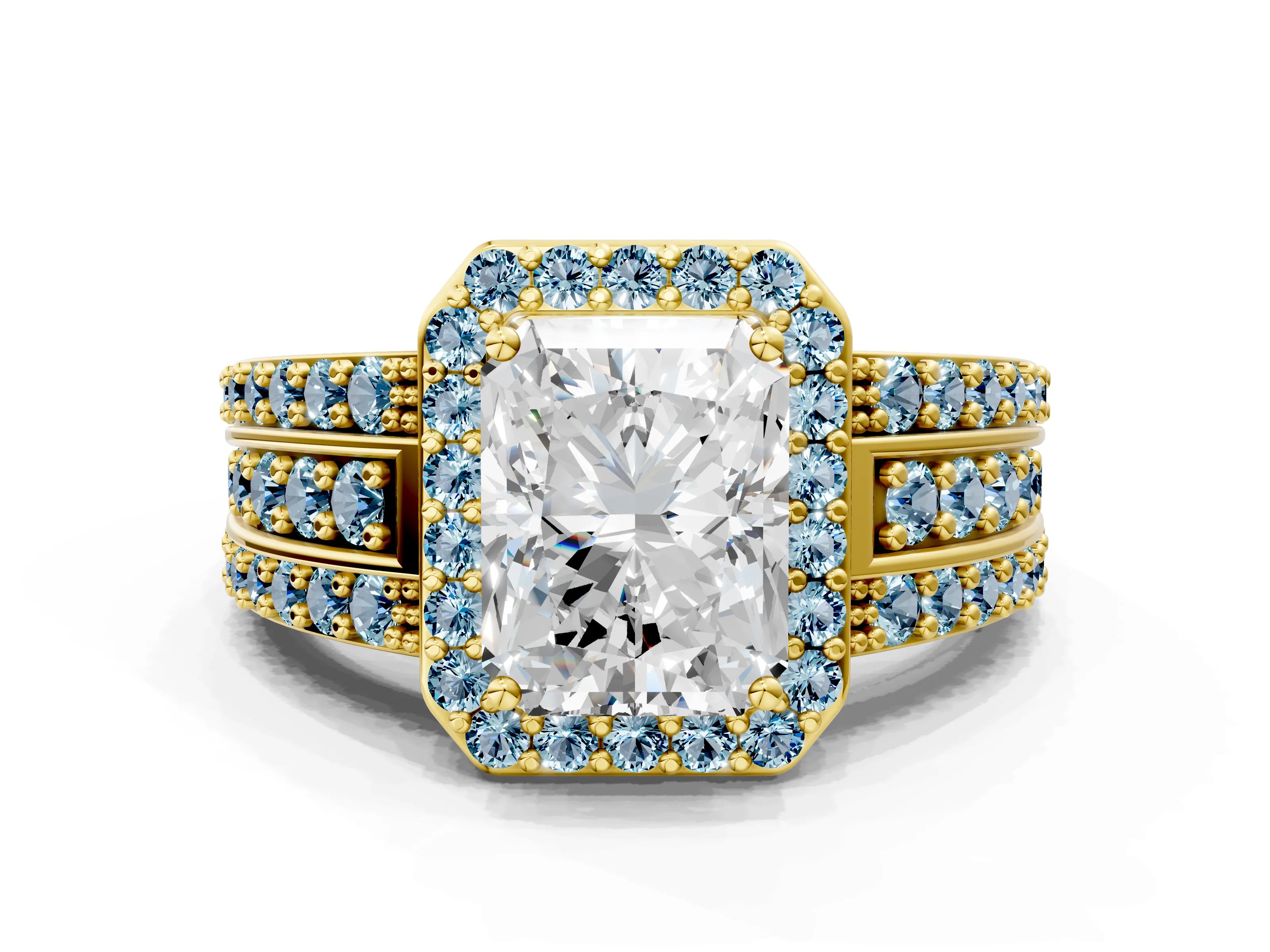 Yellow gold Radiant Cut Halo Diamond Ring with Round with Aquamarine side stone Split Shank and Prong Setting