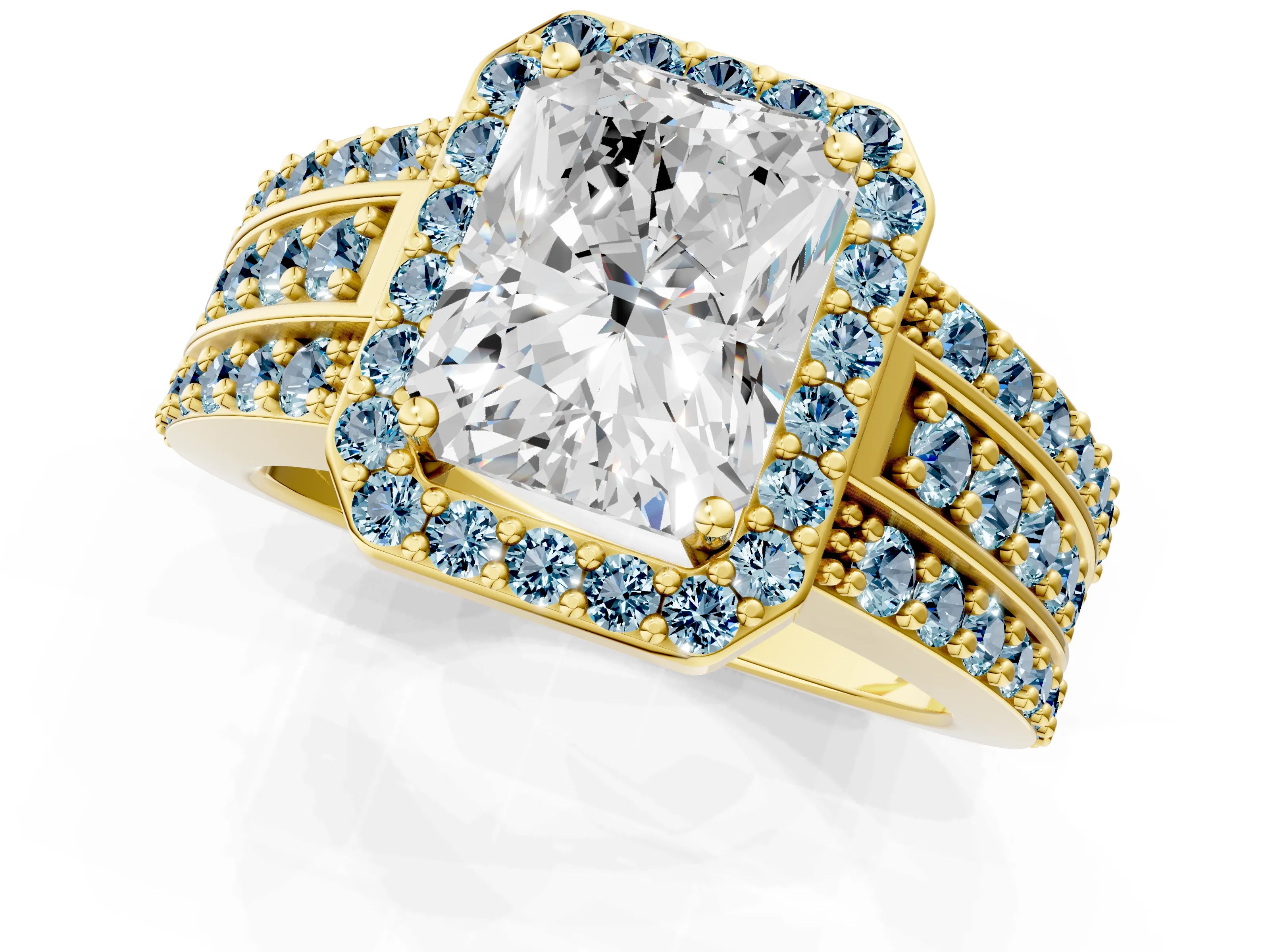 Yellow gold Radiant Cut Halo Diamond Ring with Round with Aquamarine side stone Split Shank and Prong Setting_1