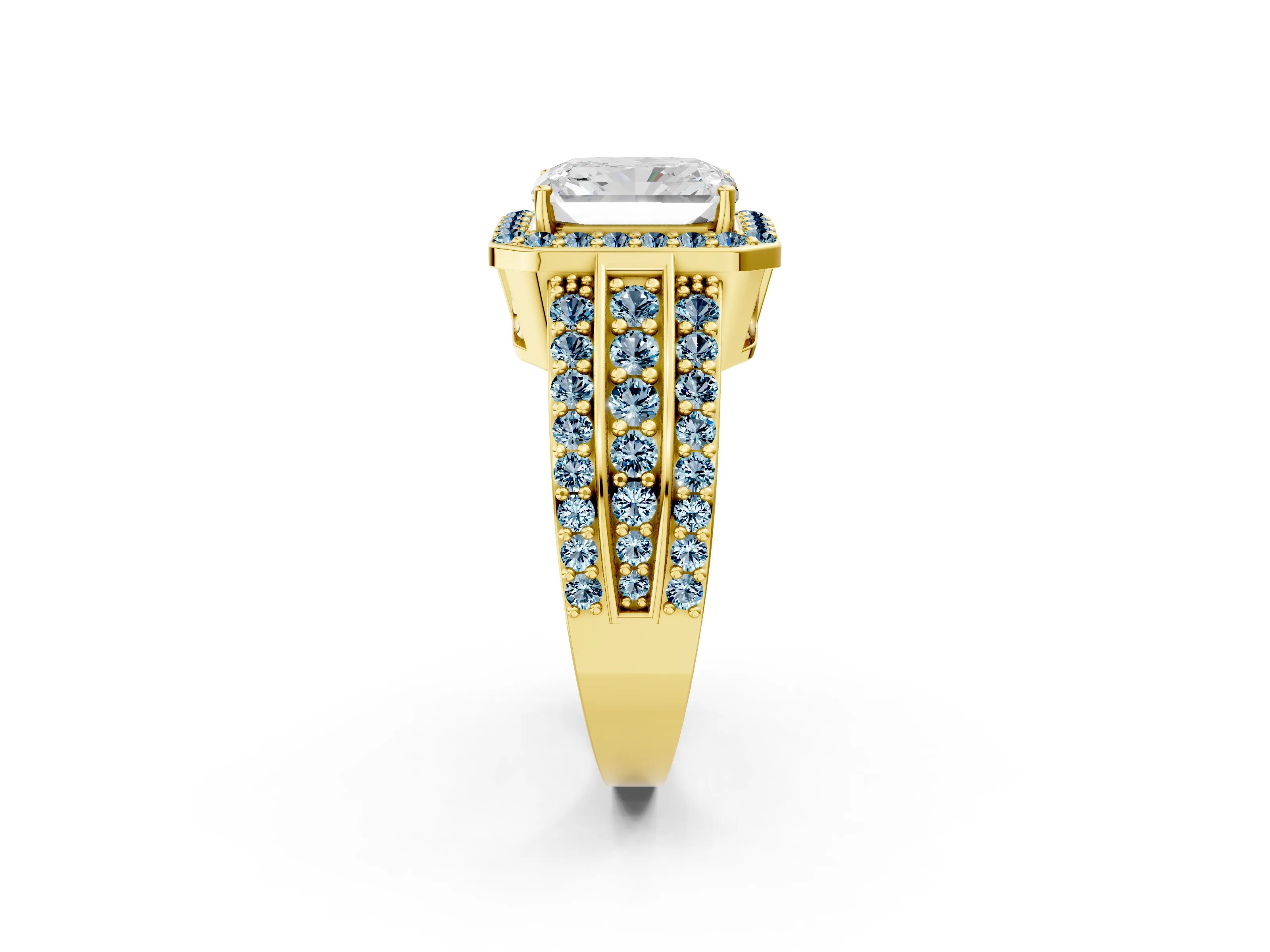 Yellow gold Radiant Cut Halo Diamond Ring with Round with Aquamarine side stone Split Shank and Prong Setting_2