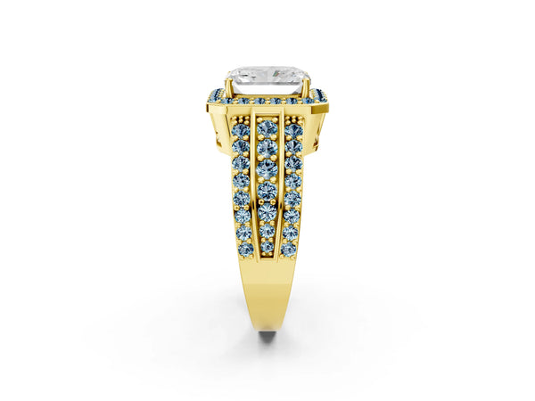 Yellow Gold Radiant Cut Halo Engagement Ring Setting with Aquamarine Three Row Pave Band