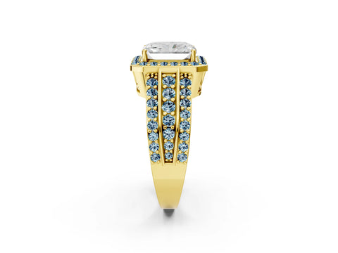 Yellow gold Radiant Cut Halo Diamond Ring with Round with Aquamarine side stone Split Shank and Prong Setting_2
