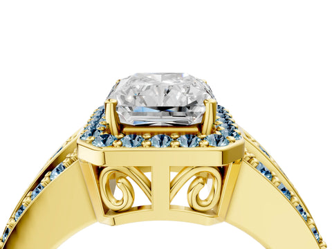 Yellow gold Radiant Cut Halo Diamond Ring with Round with Aquamarine side stone Split Shank and Prong Setting_4