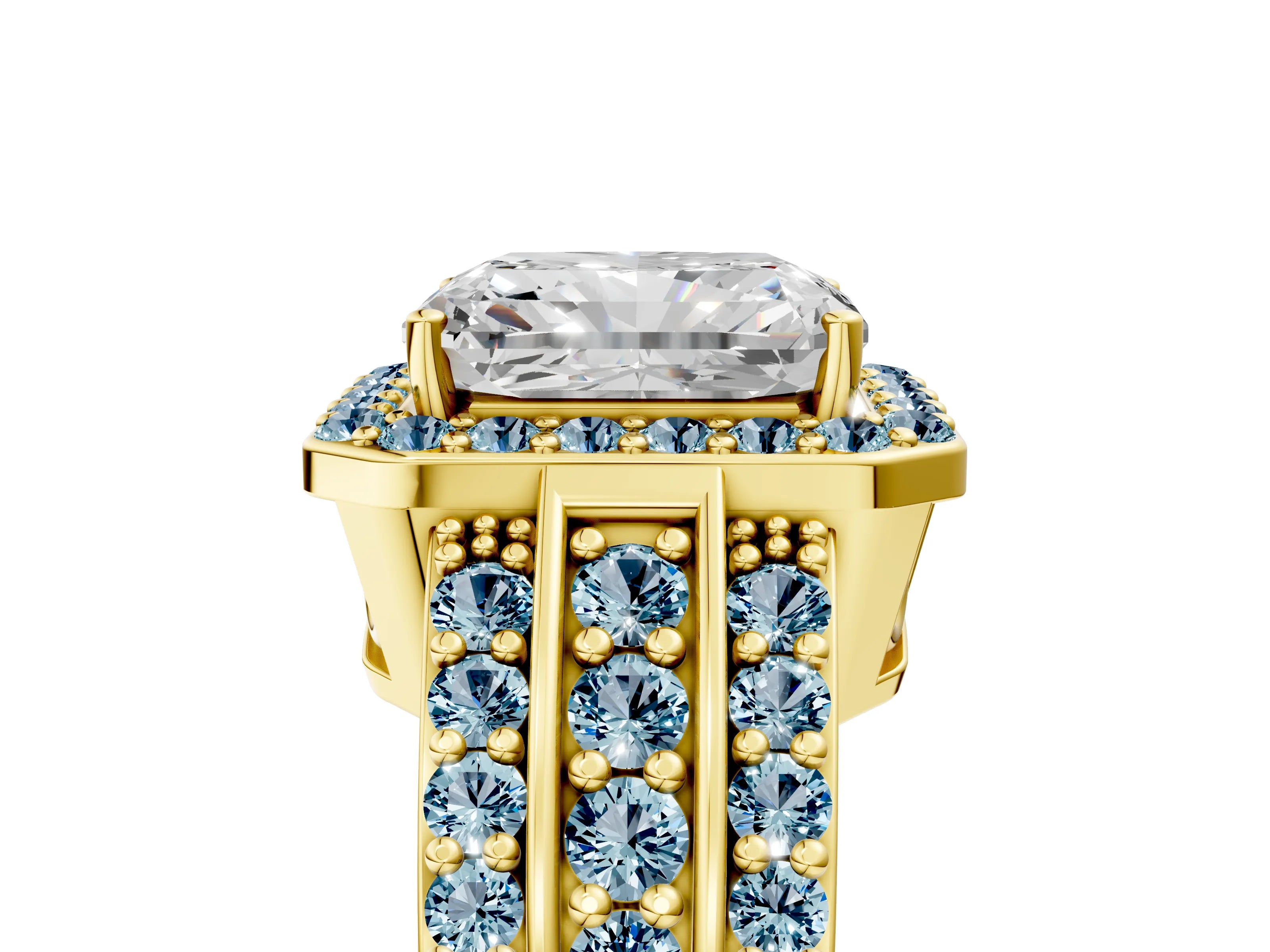 Yellow gold Radiant Cut Halo Diamond Ring with Round with Aquamarine side stone Split Shank and Prong Setting_5