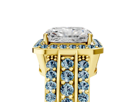 Yellow gold Radiant Cut Halo Diamond Ring with Round with Aquamarine side stone Split Shank and Prong Setting_5