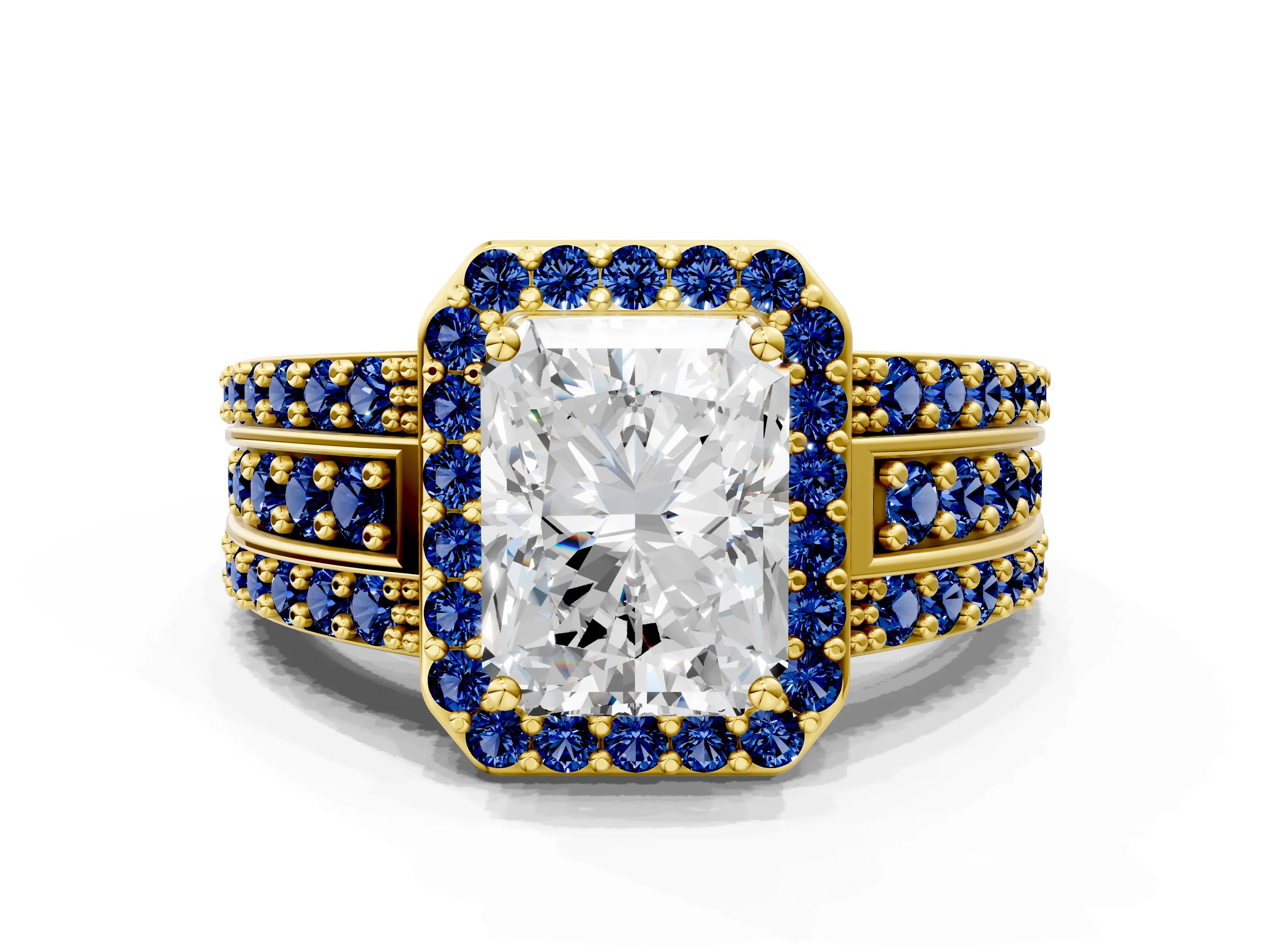 Yellow gold Radiant Cut Halo Diamond Ring with Round with Blue Sapphire side stone Split Shank and Prong Setting