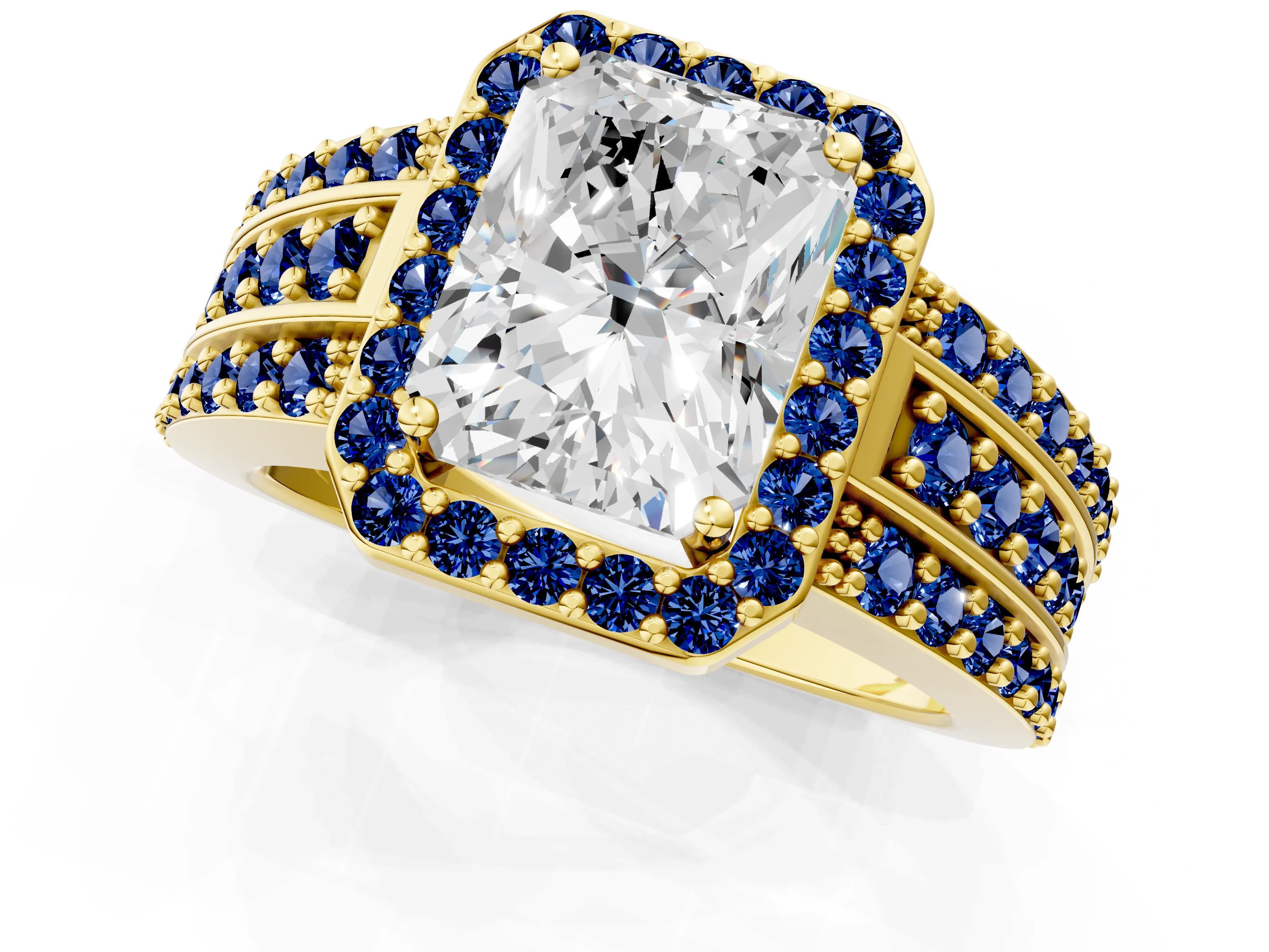 Yellow gold Radiant Cut Halo Diamond Ring with Round with Blue Sapphire side stone Split Shank and Prong Setting_1