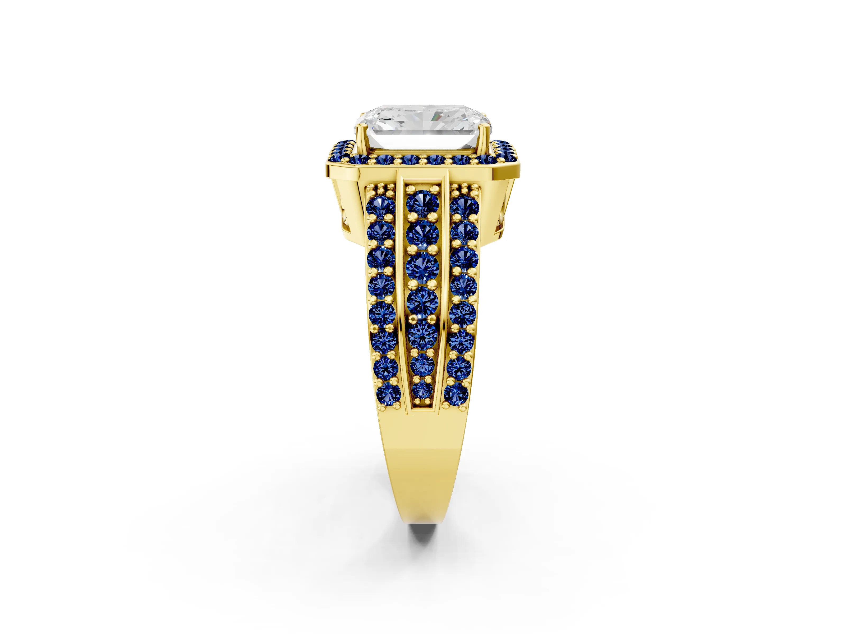 Yellow gold Radiant Cut Halo Diamond Ring with Round with Blue Sapphire side stone Split Shank and Prong Setting_2