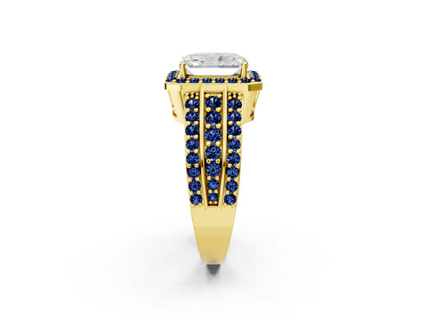 Yellow gold Radiant Cut Halo Diamond Ring with Round with Blue Sapphire side stone Split Shank and Prong Setting_2