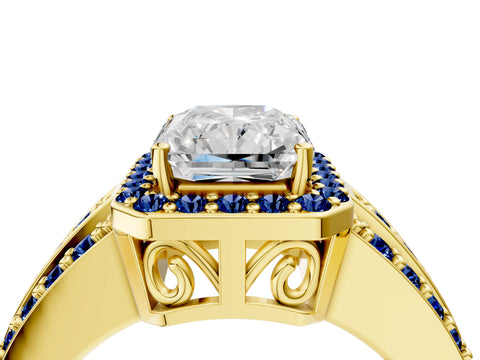 Yellow gold Radiant Cut Halo Diamond Ring with Round with Blue Sapphire side stone Split Shank and Prong Setting_4