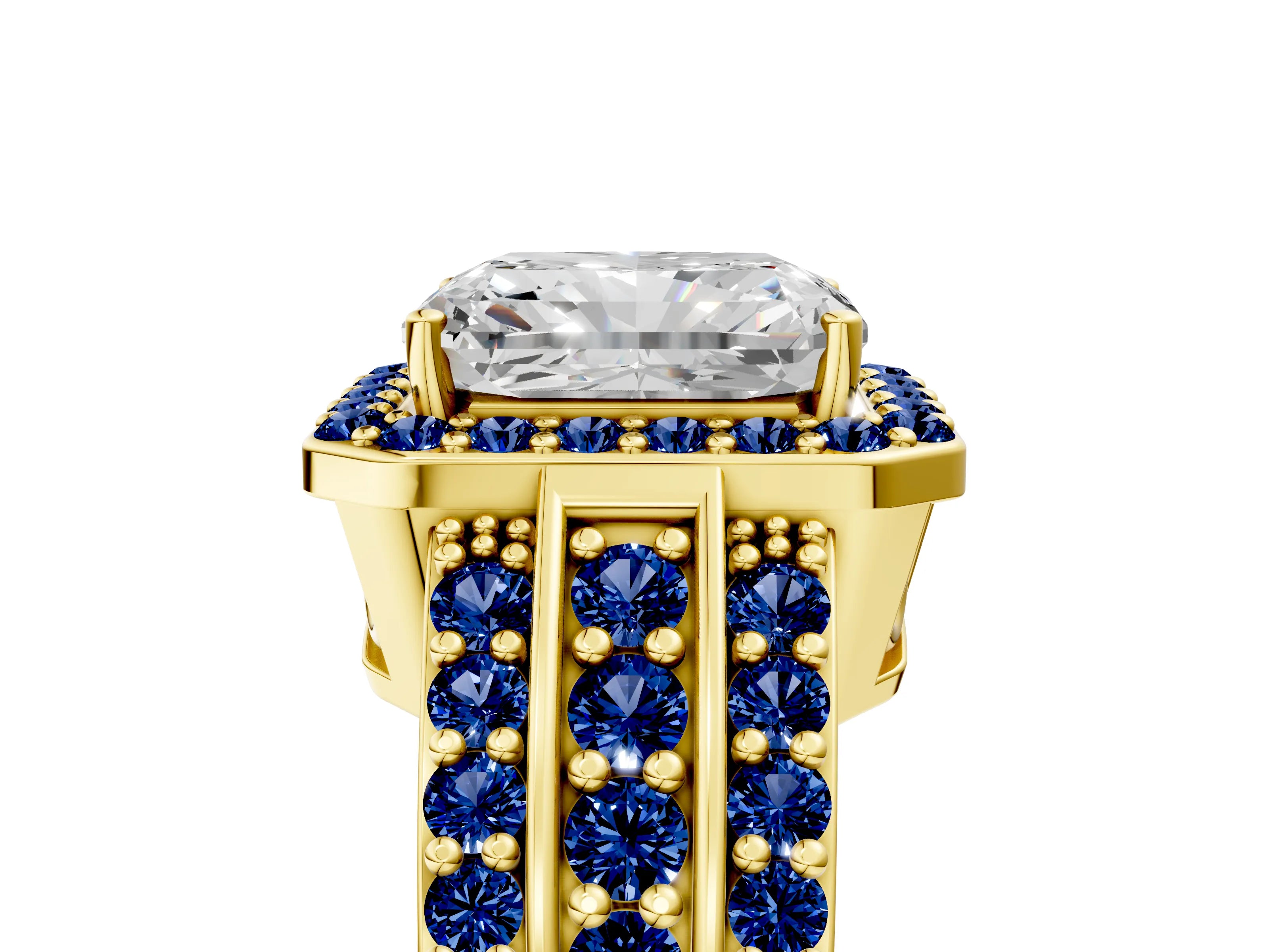 Yellow gold Radiant Cut Halo Diamond Ring with Round with Blue Sapphire side stone Split Shank and Prong Setting_5