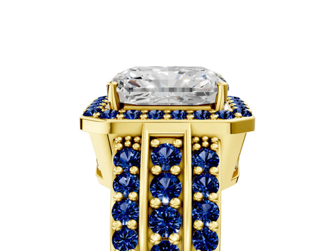 Yellow gold Radiant Cut Halo Diamond Ring with Round with Blue Sapphire side stone Split Shank and Prong Setting_5