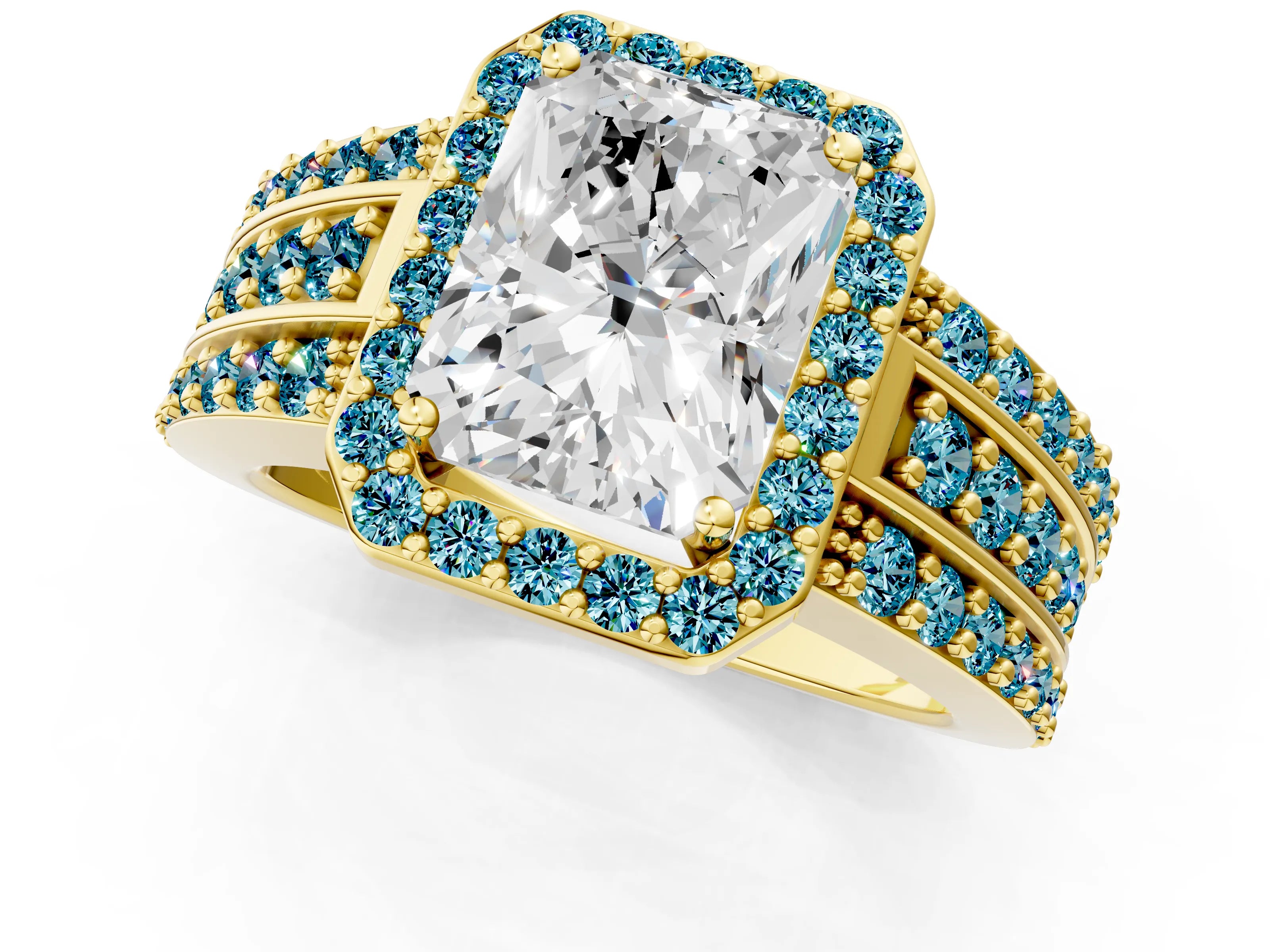 Yellow gold Radiant Cut Halo Diamond Ring with Round with Blue Topaz side stone Split Shank and Prong Setting_1