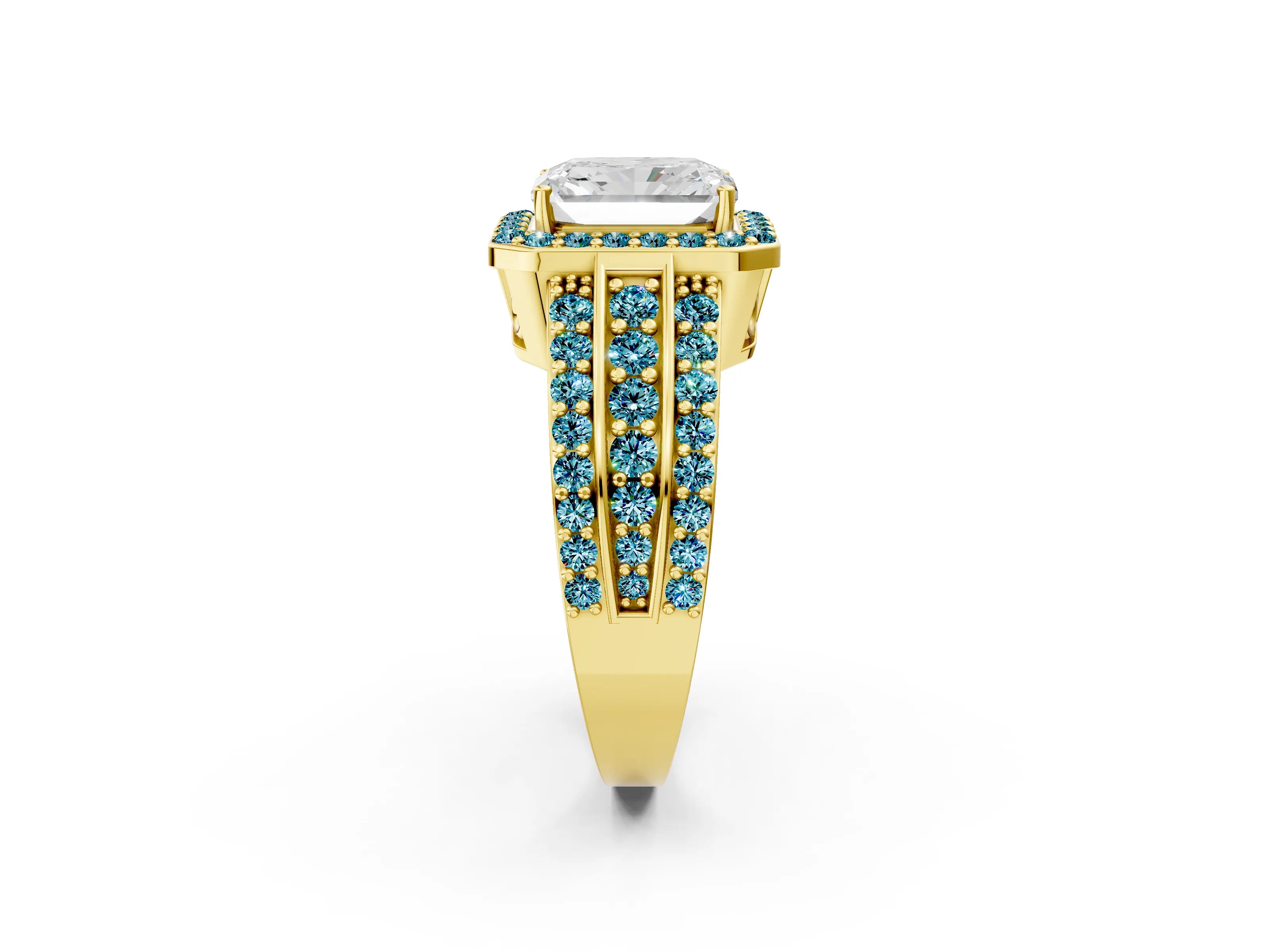 Yellow gold Radiant Cut Halo Diamond Ring with Round with Blue Topaz side stone Split Shank and Prong Setting_2