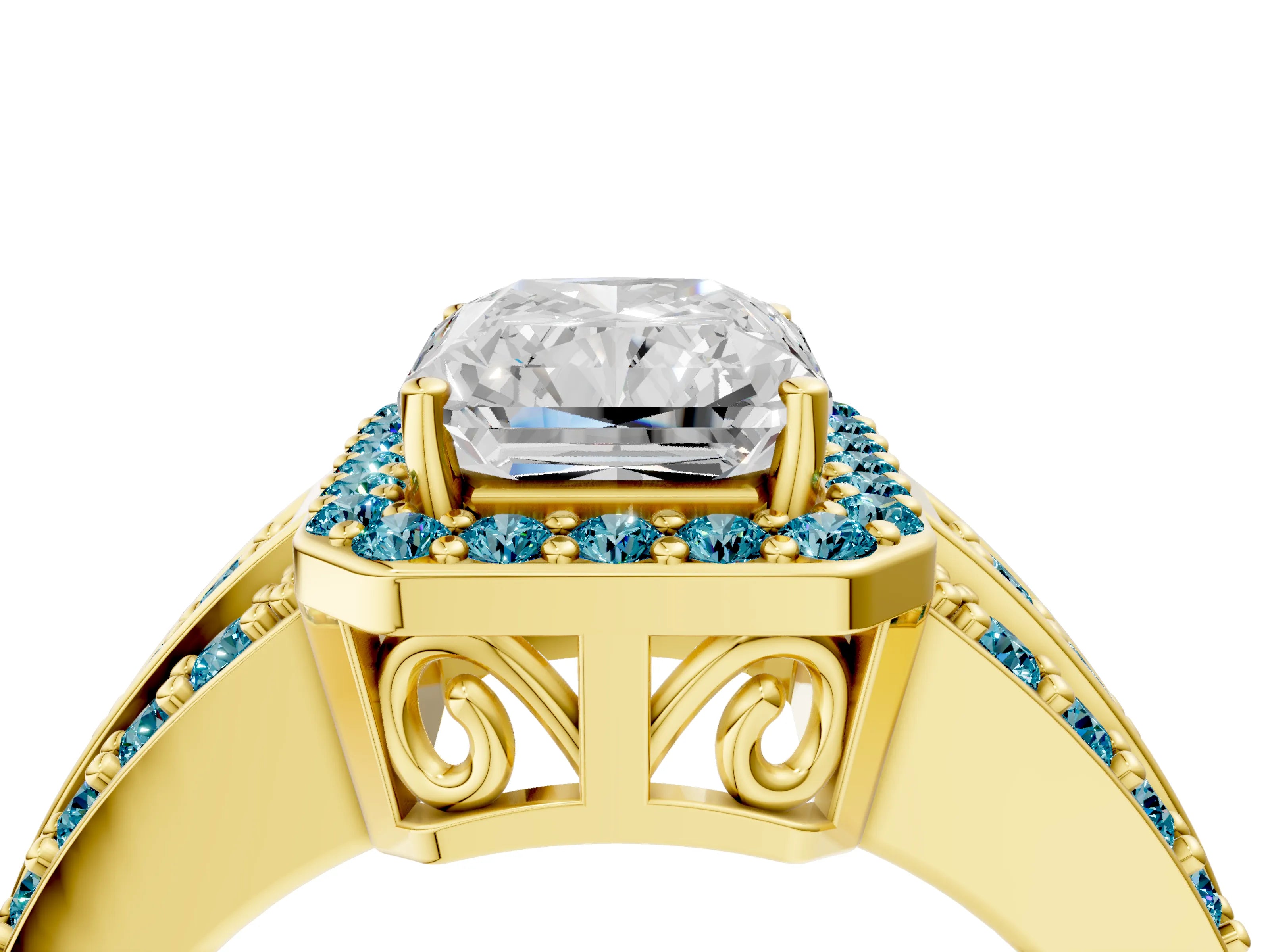 Yellow gold Radiant Cut Halo Diamond Ring with Round with Blue Topaz side stone Split Shank and Prong Setting_4