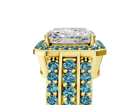 Yellow gold Radiant Cut Halo Diamond Ring with Round with Blue Topaz side stone Split Shank and Prong Setting_5