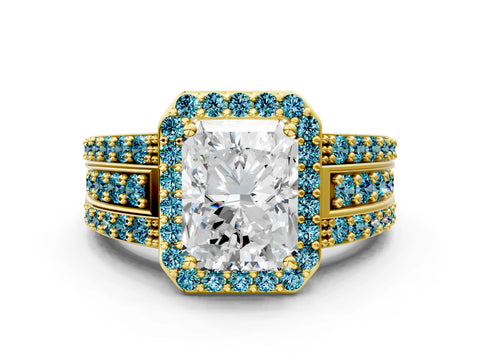 Yellow gold Radiant Cut Halo Diamond Ring with Round with Blue Topaz side stone Split Shank and Prong Setting