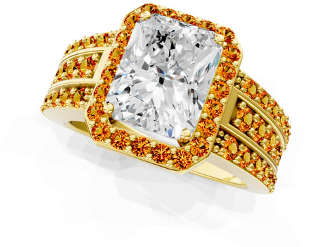 Yellow gold Radiant Cut Halo Diamond Ring with Round with Citrine side stone Split Shank and Prong Setting_1